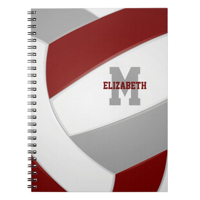 maroon grey team colours girls boys volleyball notebook (Front)