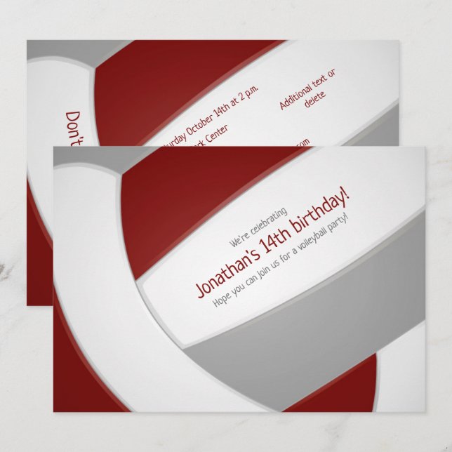 maroon grey volleyball boys girls birthday party invitation (Front/Back)