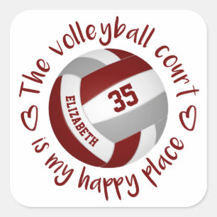 maroon grey volleyball happy place typography square sticker