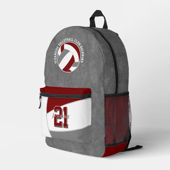 maroon grey volleyball team colours team name printed backpack (Back Corner Right)