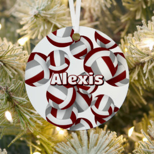 maroon grey volleyballs with athlete name keepsake metal ornament