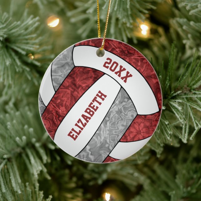 maroon grey white girly sporty keepsake volleyball ceramic ornament (Tree)