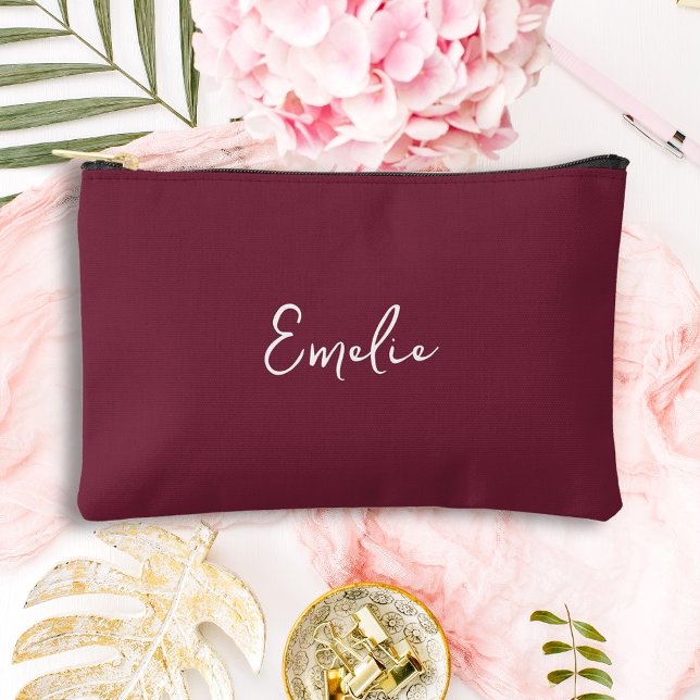 Maroon hand script monogram accessory pouch (Maroon burgundy script monogram accessory pouch)