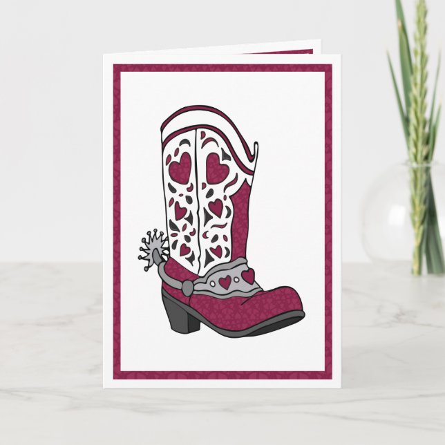 Maroon Heart Patterned Boot Holiday Card (Front)