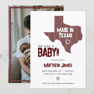 Maroon Herringbone Made in Texas Photo Baby Announ Announcement