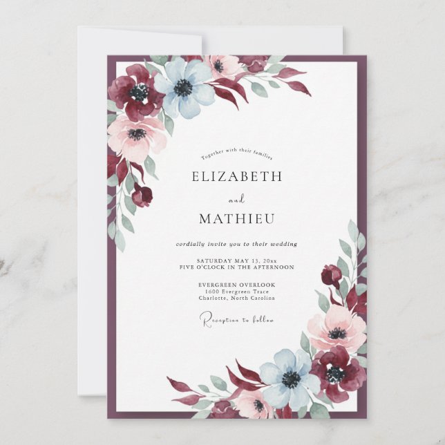 Maroon Icy Anemone Wedding Invitation (Front)