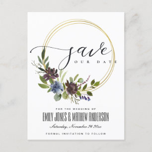 MAROON KRAFT BLOOM FOLIAGE WREATH SAVE THE DATE ANNOUNCEMENT POSTCARD