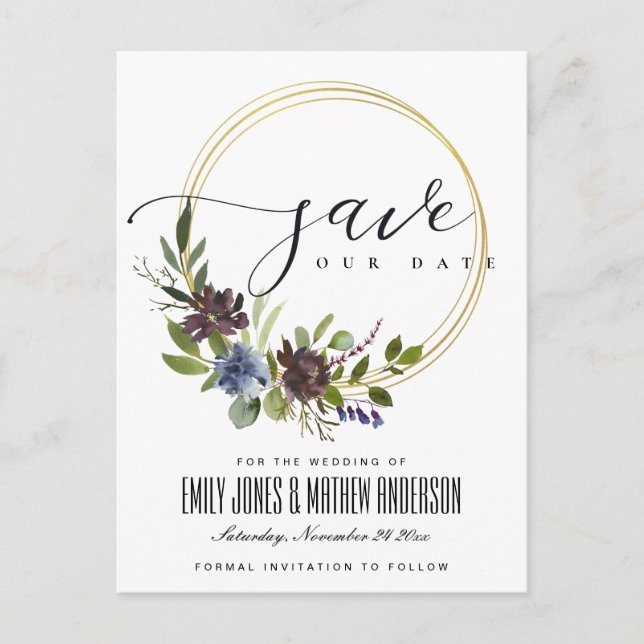MAROON KRAFT BLOOM FOLIAGE WREATH SAVE THE DATE ANNOUNCEMENT POSTCARD (Front)