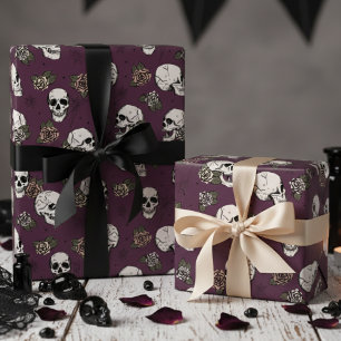 Maroon Little Gothic Skulls and Roses Floral  Wrapping Paper