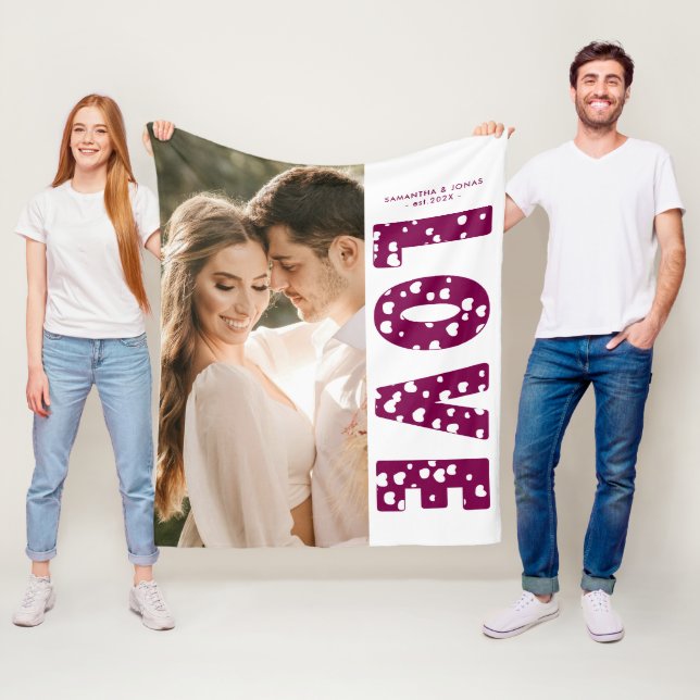 Maroon Love Hearts Couples Photo Valentines Fleece Blanket (In Situ)
