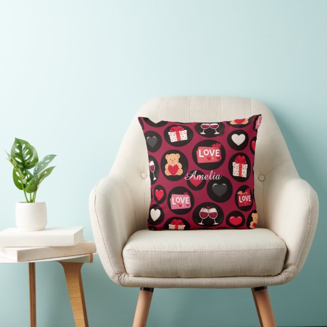 Maroon Love Pattern Throw Pillow (Chair)