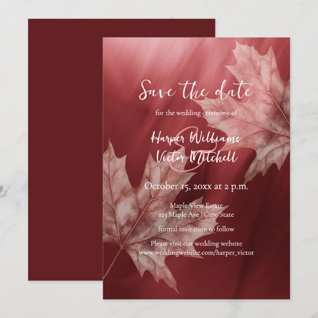 maroon maple leaves fall wedding save the date (Front/Back)