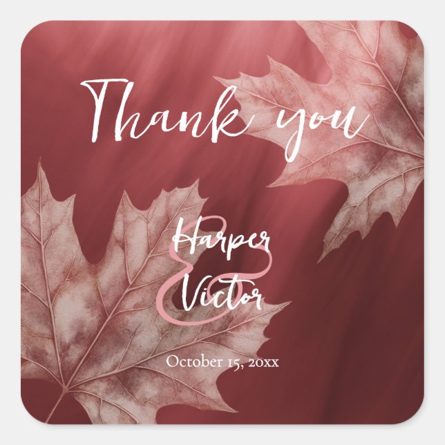 maroon maple leaves fall wedding square sticker (Front)