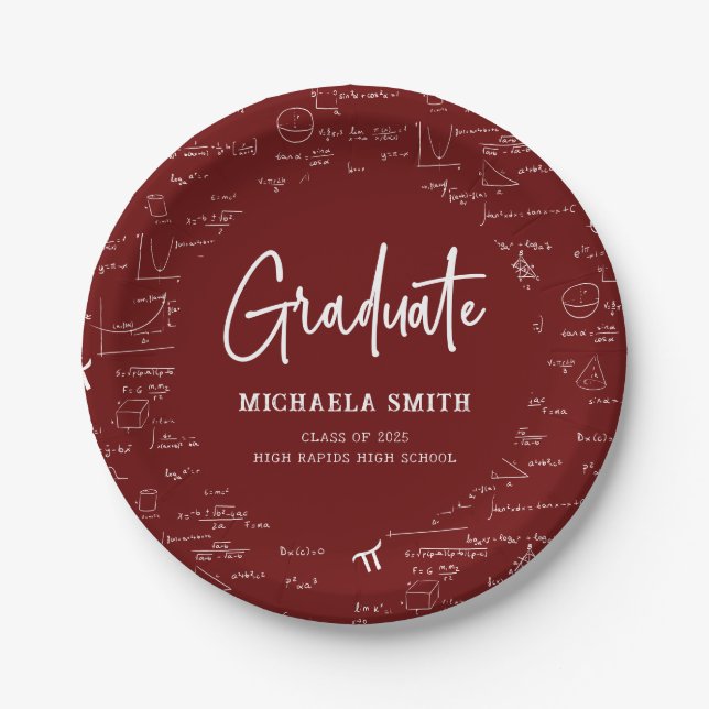 Maroon Mathematics High School Graduate Party Paper Plate (Front)