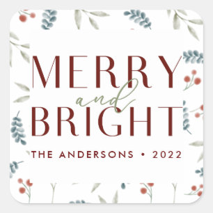 Maroon Merry Bright Christmas Botanical Family Square Sticker