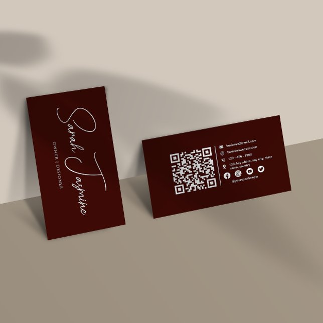 Maroon Minimalist Elegant Scannable Qrcode Business Card (Creator Uploaded)
