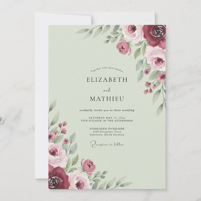 Maroon Mint Foliage Eucalyptus Wedding Invitation (Front)