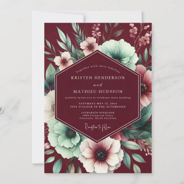 Maroon Mint Poetic Bloom Wedding Invitation (Front)