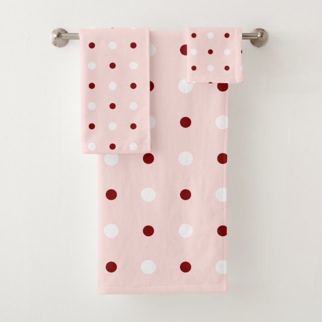 Maroon, Misty Rose and white dots Bath Towel Set (Insitu)