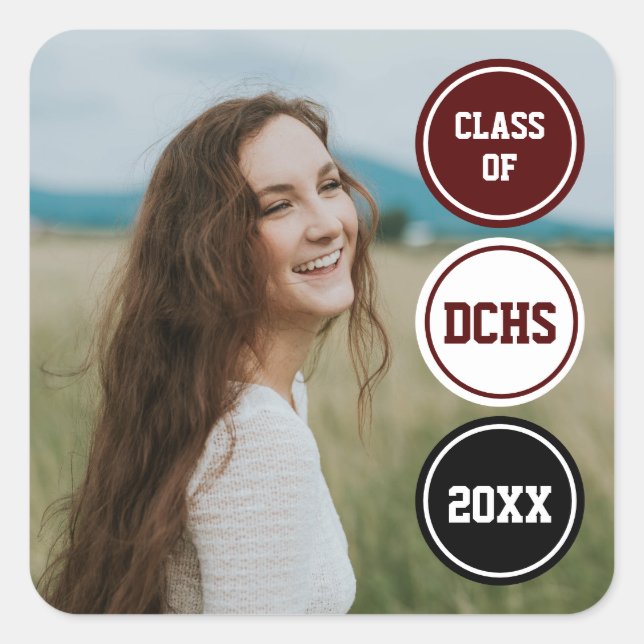 Maroon Modern Circles Photo Graduation Square Sticker (Front)