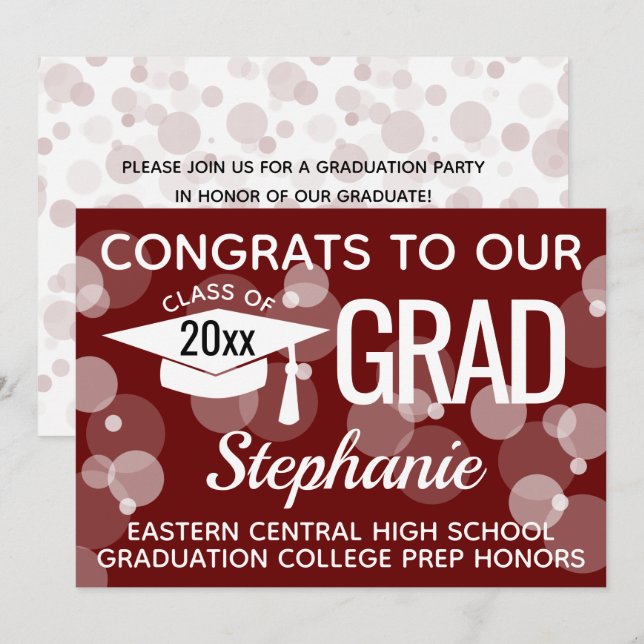 Maroon Modern Confetti Bokeh Bubbles Graduation Invitation (Front/Back)