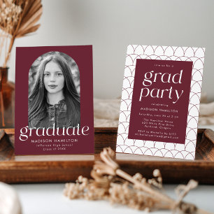 Maroon   Modern Minimalist Photo Graduation Party Invitation