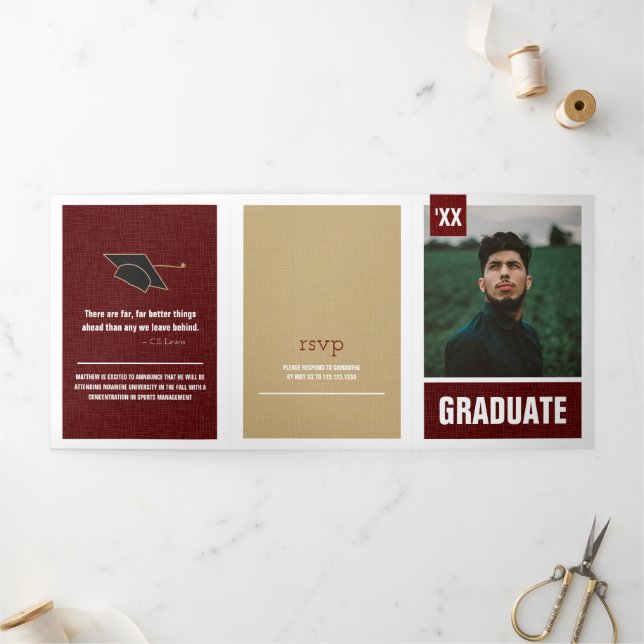Maroon Modern Textured Photo Graduation Tri-Fold Invitation (Outside)