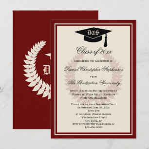 Maroon Monogram Laurel Classic College Graduation Invitation