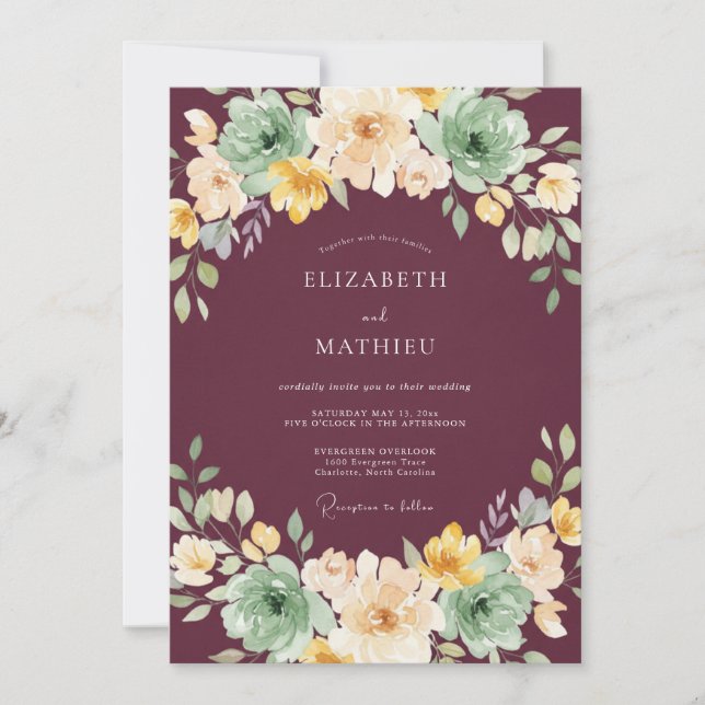 Maroon Moody Floral Wedding Invitation (Front)