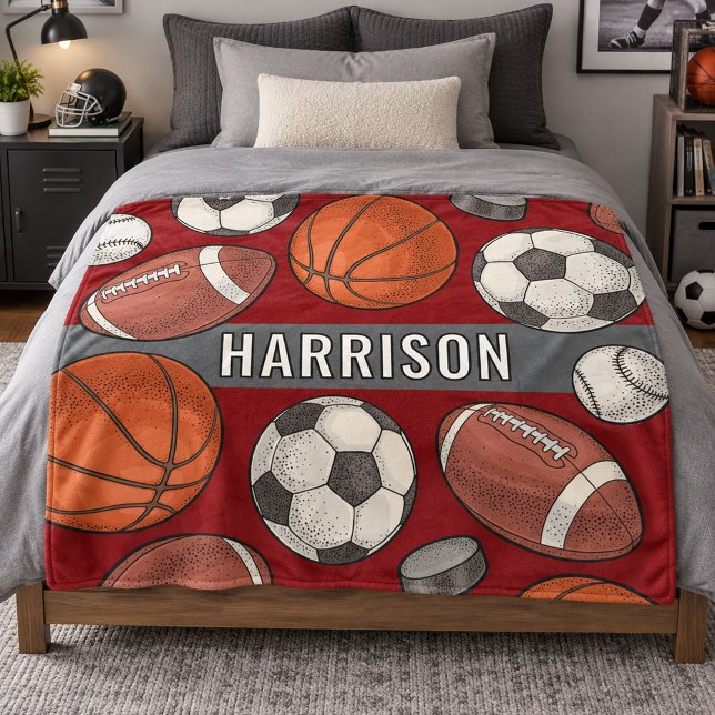 Maroon Multi Sport Custom Name Monogram Fleece Blanket (Creator Uploaded)