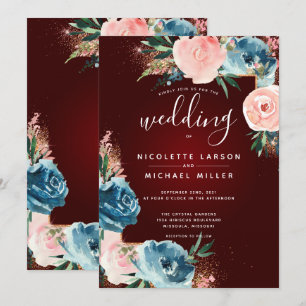 Maroon, Navy Blue and Blush Floral Gold Glitter Invitation