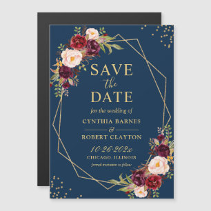 Maroon Navy Floral Geometric Save the Date Magnet