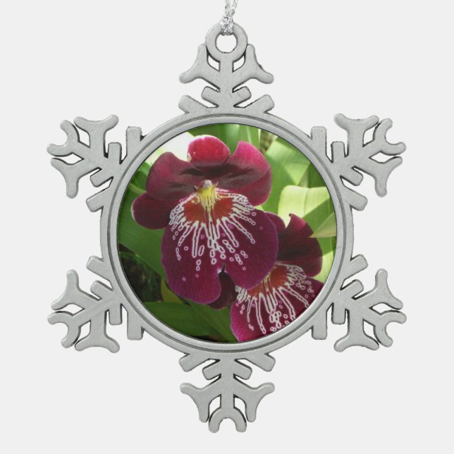 Maroon Orchids II Elegant Floral Snowflake Pewter Christmas Ornament (Front)
