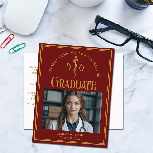 Maroon Osteopathic Medical School Graduate Photo Announcement Postcard (Creator Uploaded)