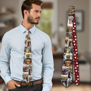 Maroon Paw Print Pattern Dog Photo Collage Tie
