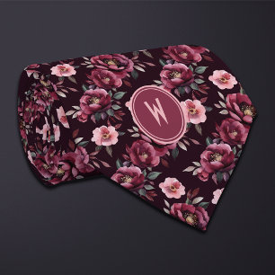 Maroon Peonies Floral Tie