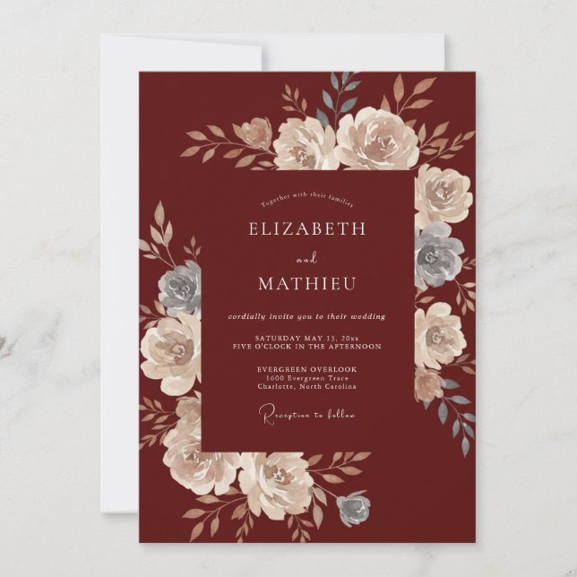 Maroon Petal Wedding Invitation (Front)