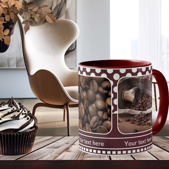 Maroon Photo personnalisée Cadre Café Mug (Photo mug with a coffee theme or your own favorite photos on retro chocolate polka dots)
