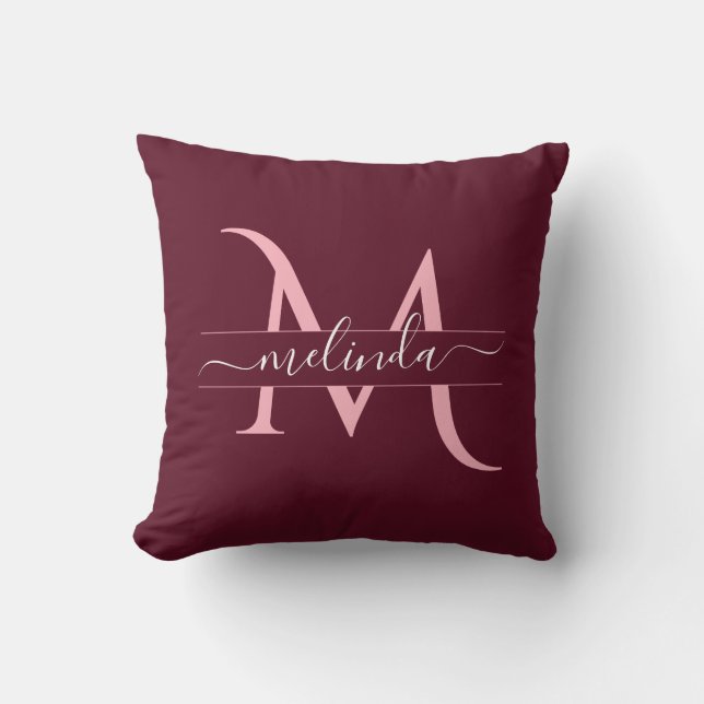 Maroon Pink Custom Monogram Name Script Throw Pillow (Front)