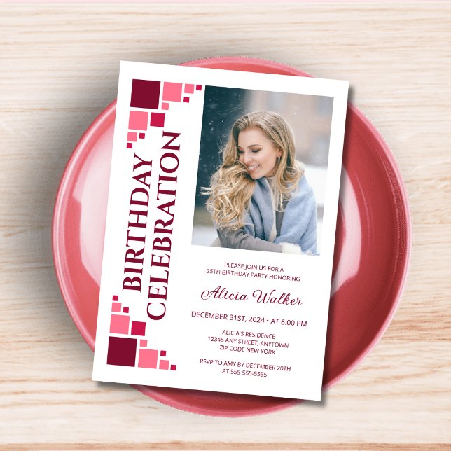 Maroon Pink Digital Frame Corner Photo Birthday  Invitation (Creator Uploaded)