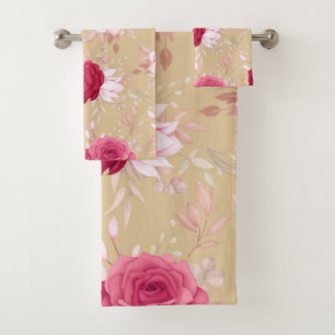  maroon  pink floral     bath towel set