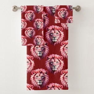 Maroon Pink Lion Head Design Bath Towel Set
