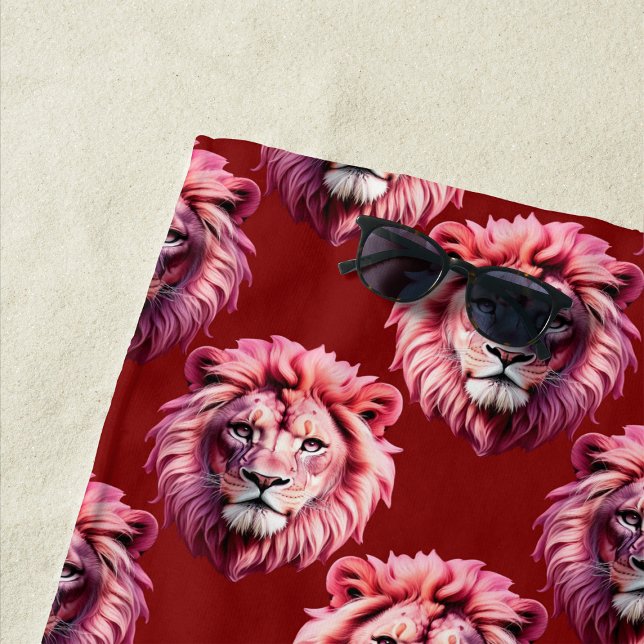 Maroon Pink Lion Head Design  Beach Towel (Creator Uploaded)