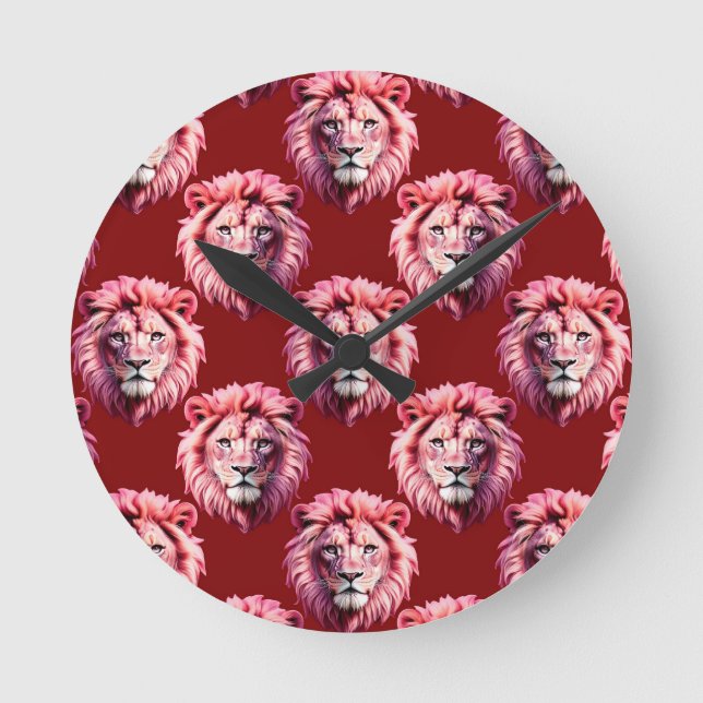 Maroon Pink Lion Head Design  Round Clock (Front)