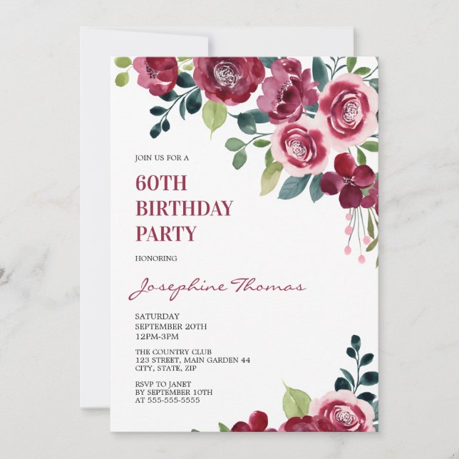Maroon Pink Rose Floral Greenery Birthday Invitation (Front)