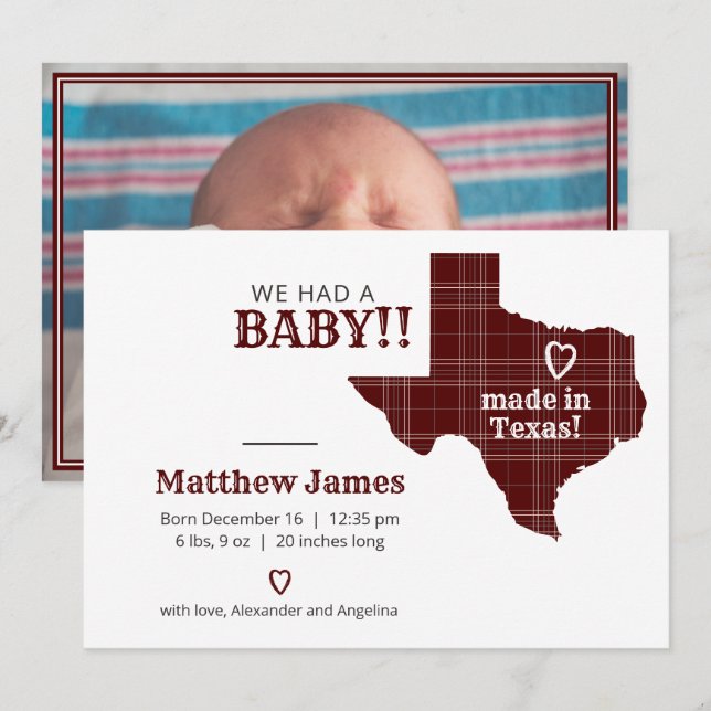 Maroon Plaid Made In Texas Horizontal Photo Announcement (Front/Back)
