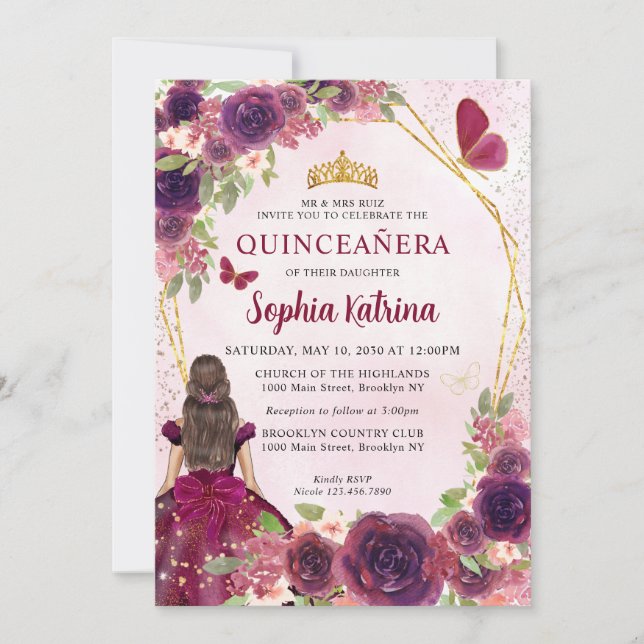 Maroon Plum Red Gold Floral Princess Quinceañera Invitation (Front)