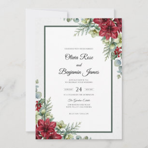 Maroon Poinsettia Evergreen Eucalyptus Wedding Invitation