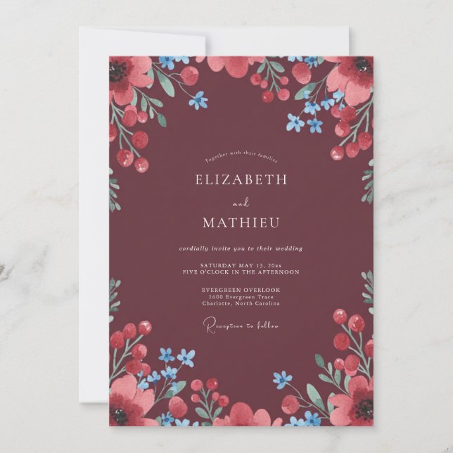 Maroon Poppy Berry Wedding Invitation (Front)