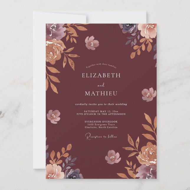 Maroon Ranunculus Dusty Eucalyptus Wedding Invitation (Front)